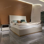 Light Beige Upholstered Bed with Brand Emblem & Gold Stainless Steel Base